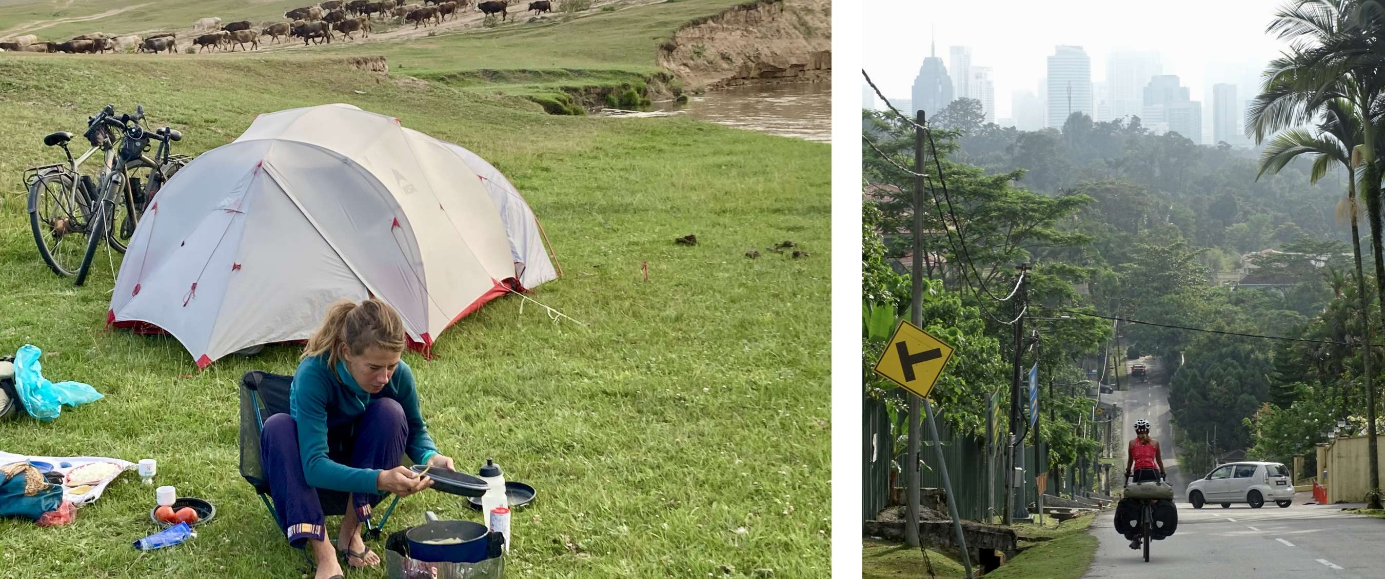 Marie cuisine devant sa tente à côté de son vélo, tandis qu’un troupeau de bétail passe en arrière-plan.