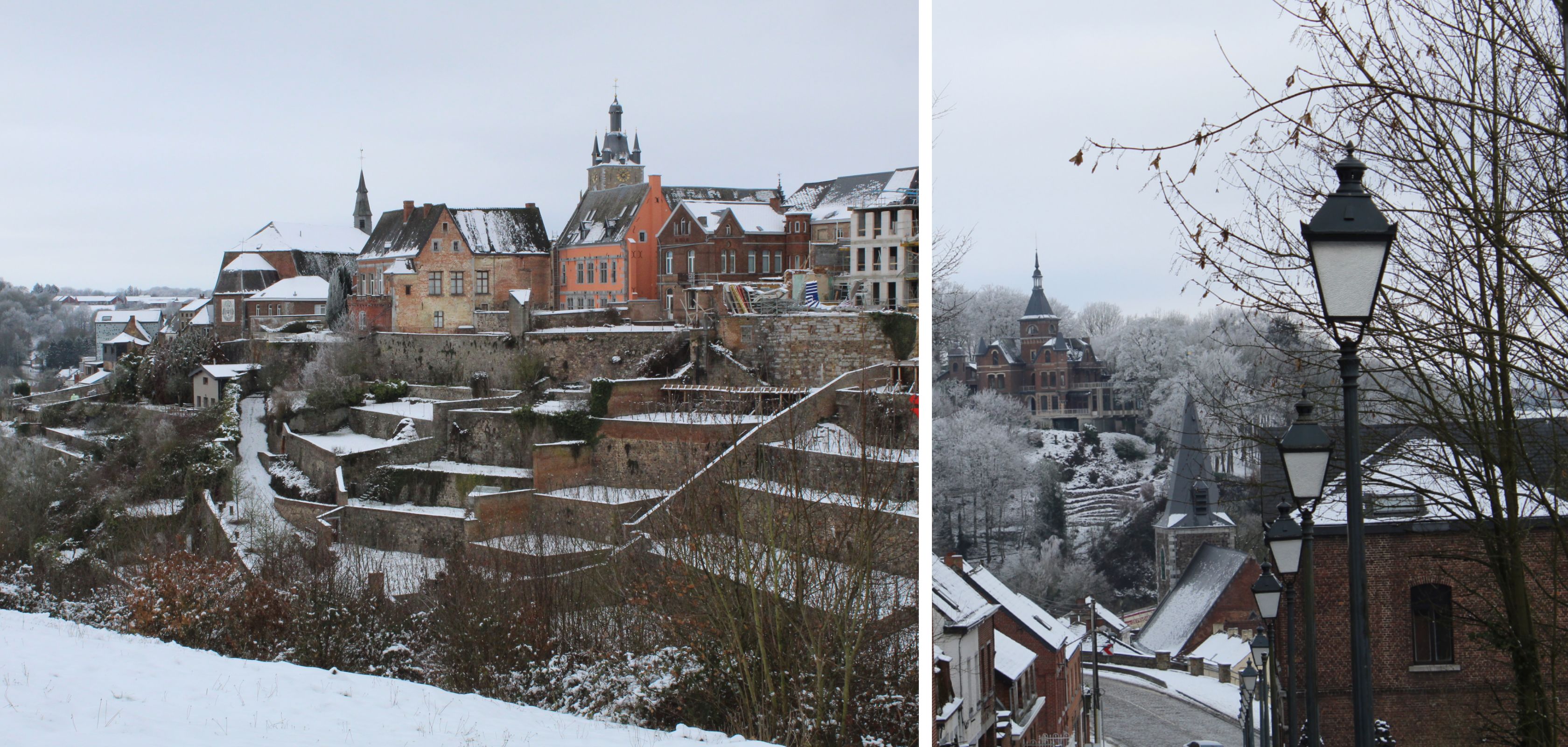 La ville de Thuin dans la neige